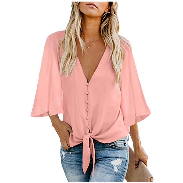 Women's V Neck Tops Ruffle 3/4 Sleeve Tie Knot Blouses Button Down Shirts - PINK