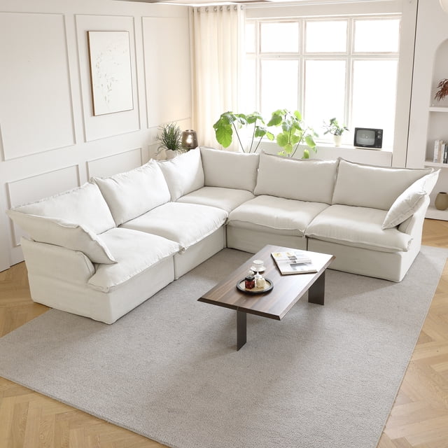 Sodrens Canapé Sectionnel Modulaire, Canapé d'Angle Moderne en Tissu de Lin à Combinaison Libre, Canapé 5 Places pour Salon, Blanc