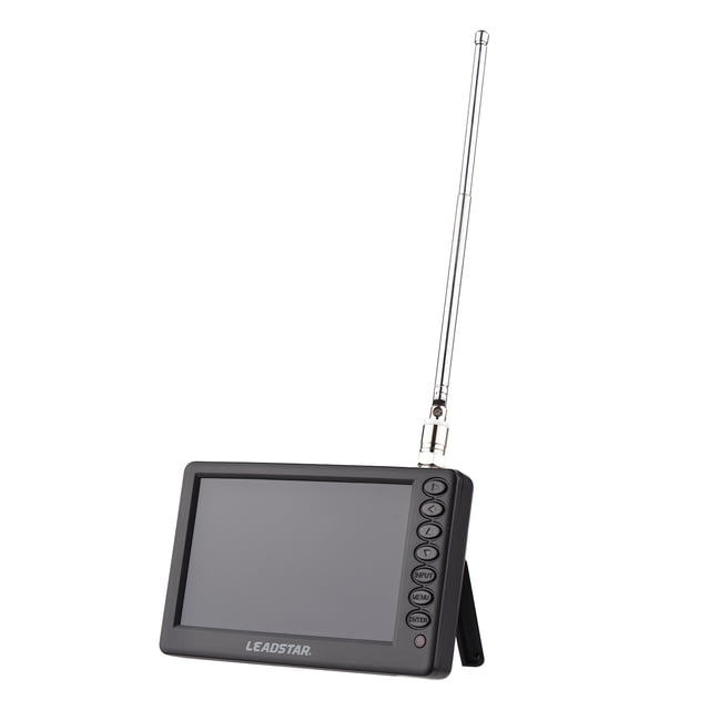 Leadstar D5 ATSC digital TV player with a 5-inch LED screen, shown in a front-facing view with a telescopic antenna extended. The black portable device features a 16:9 screen ratio, 800x480 resolution, and side control buttons for easy navigation. It includes built-in speakers, a 3.5mm headphone jack, and supports multiple media formats like MP4 and AVI. Ideal for car use, it comes with a rechargeable 1500mAh battery offering up to 100 minutes of playback. Accessories include a cable antenna, remote control, and AC adapter.