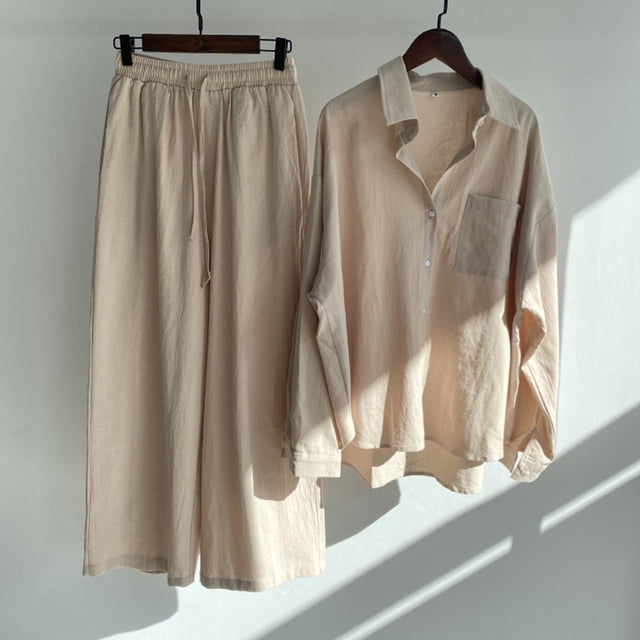 VEKDONE Summer Cotton Linen Sets 2 Piece Long Sleeve Button Lapel Shirts with Wide Leg Pants Solid Color Loose Fit Blouse Match Drawstring Palazzo Pants Suits