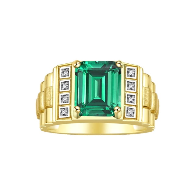 RYLOS Men's Rings 14K Yellow Gold Designer Style 10X8MM Emerald Cut Shape Gemstone & Diamonds Emerald May Birthstone Rings For Men Size 8