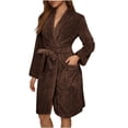 thumbnail image 1 of Womens Plush Fleece Robe Knee Length Cozy Fuzzy Bathrobe with Belt Shawl Collar Warm Soft Towel Robes Brown, L, 1 of 5
