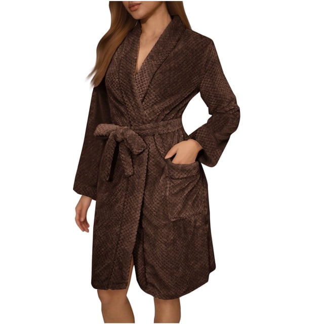 Womens Plush Fleece Robe Knee Length Cozy Fuzzy Bathrobe with Belt Shawl Collar Warm Soft Towel Robes Brown, L