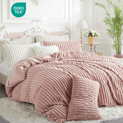 JOLUSERE Soft Pink Fluffy Striped Duvet Cover King Set, 3-Piece Super Soft Faux Rabbit Fur Winter Warm Fuzzy Comforter Cover