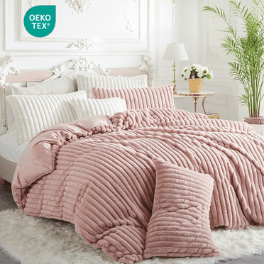 JOLUSERE Soft Pink Fluffy Striped Duvet Cover King Set, 3-Piece Super Soft Faux Rabbit Fur Winter Warm Fuzzy Comforter Cover