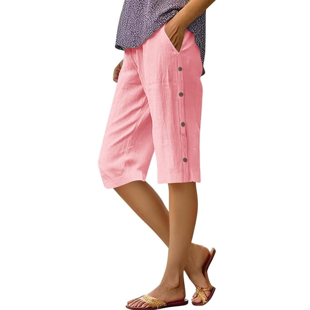 BLVB Linen Shorts for Women High Waisted Lightweight Bermuda Shorts Side Button Short Beach Vacation Outfits Pockets
