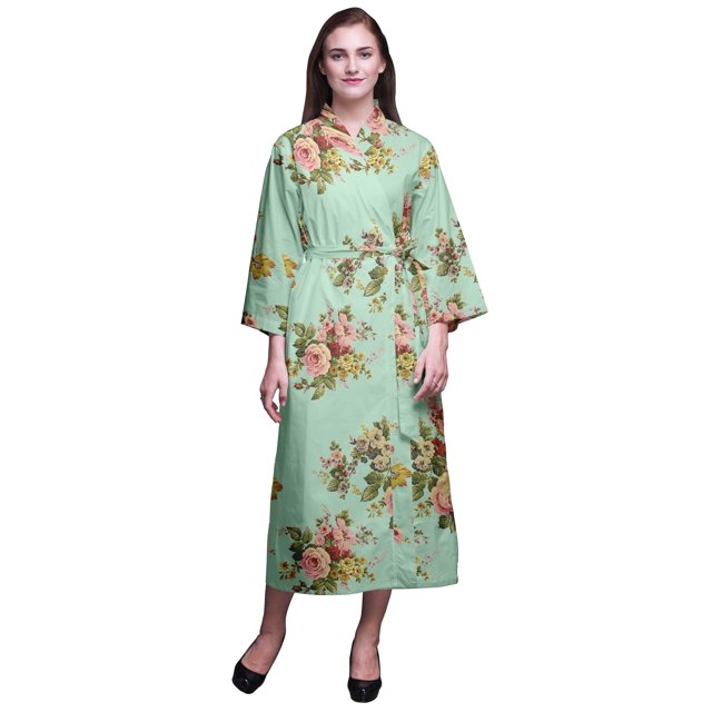 Bimba Pastel Mint Floral Leaves & Kiko Rose Printed Womens Robes Long Soft Kimono Robe Cotton Bride Getting Ready Robe Long L