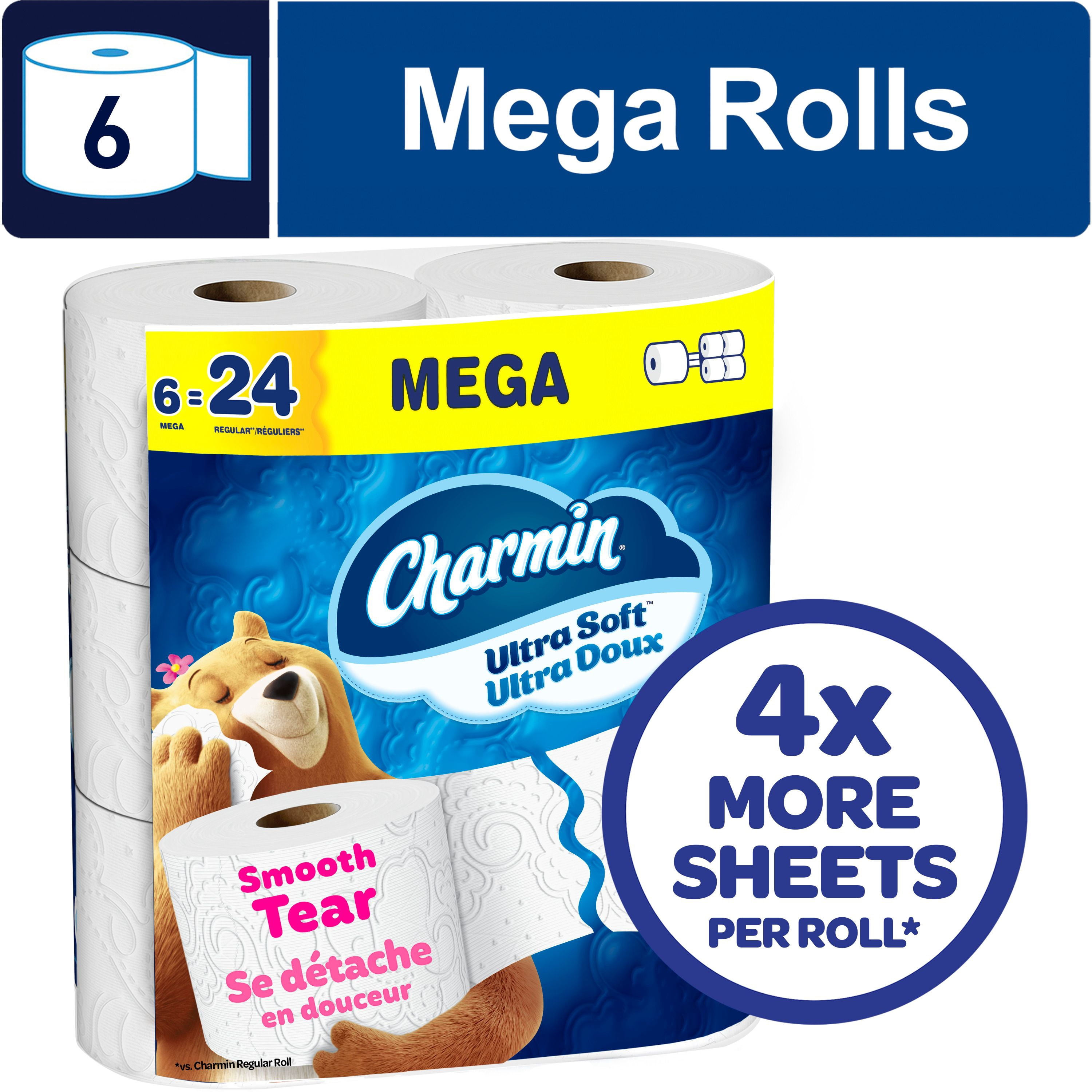 Charmin Toilet Paper Ultra Soft, 6 Mega Rolls (24 Regular Rolls Equivalent), 2-ply Bathroom Tissue