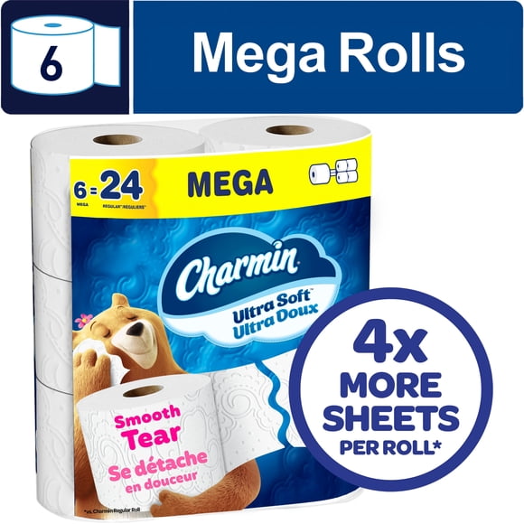 Charmin Toilet Paper Ultra Soft, 6 Mega Rolls (24 Regular Rolls Equivalent), 2-ply Bathroom Tissue