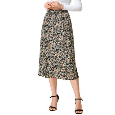 Unique Bargains Jupe Midi Paysanne pour Femme à Taille Élastique, Ligne A, Imprimé Feuilles