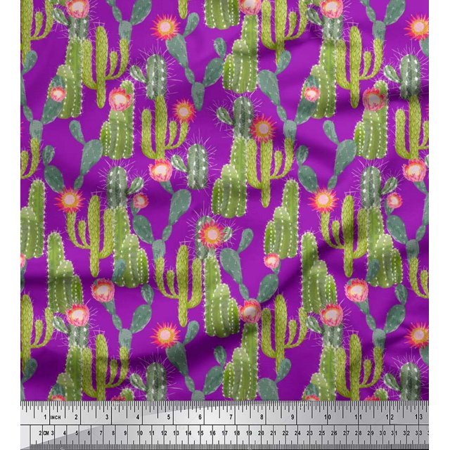 Soimoi Purple Rayon Fabric Flower & Cactus Tree Fabric Prints by Yard 42 Inch Wide