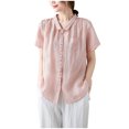 thumbnail image 1 of Timegard Hauts pour Femmes en Coton et Lin Col Montant Froncé Manches Courtes Blouse Boutonnée Décontractée Ample Hauts, 1 of 8