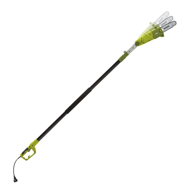 Sun Joe SWJ802E Electric Multi-Angle Pole Chain Saw, 8 inch, 6.5 Amp (Green) 8.4 lb (3.8 kg) pole saw with telescoping pole extending 9.4 ft (2.9 m) for up to 15 ft (4.6 m) overhead reach, 0°–30° adjustable head, 8-inch bar and chain with auto-oiler, CSA approved.