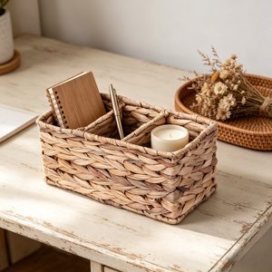 Kmonabie Panier de rangement en tissu naturel, Organisateur de bureau en Hyacinthe à la main, 3 Compartiment polyvalent pour les stylos de bureau Cosmétiques