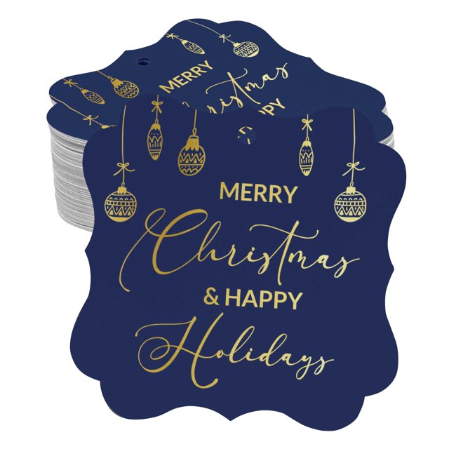 Inkdotpot Real Gold Foil Bracket Shape Paper Hang Tags Merry Christmas & Happy Text Favor Tags Pack Of 50