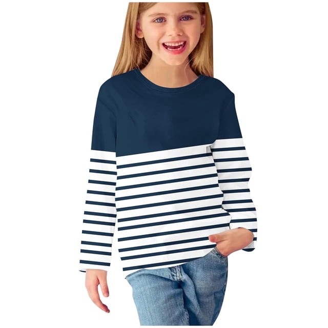 MeetoTime Chemises à Manches Longues pour Filles, Col Rond Rayé Imprimé, Blouses Décontractées et Élégantes, Pull pour Enfants 3-14 Ans