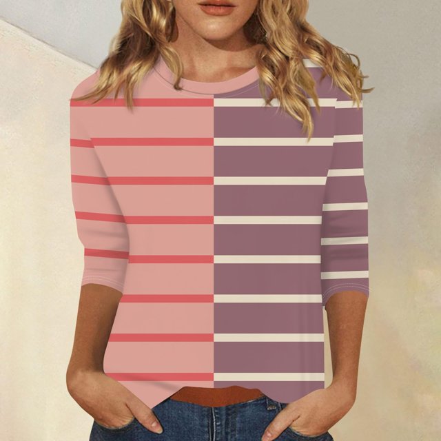 RXIRUCGD T-shirt à Rayures pour Femme à Col Rond et Manches 3/4, Rose, Taille : 2TG