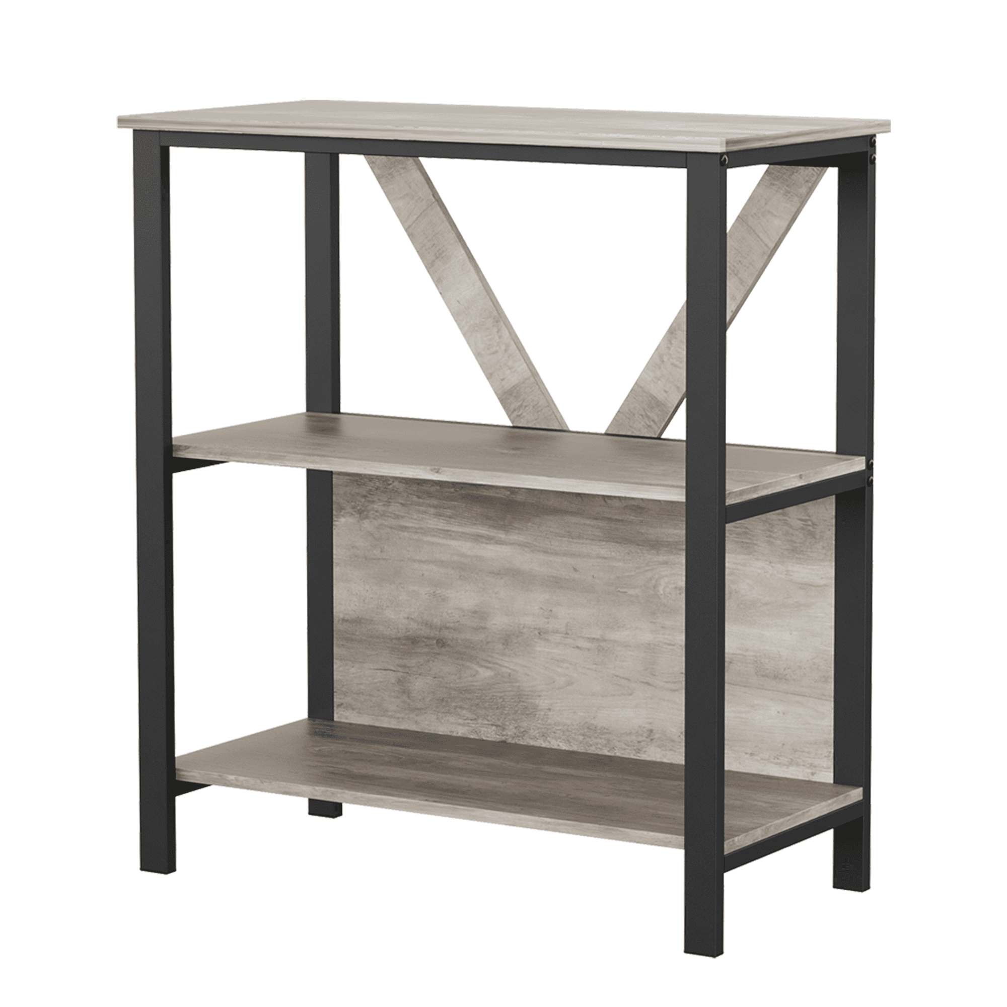 3-Tier Led Book Shelf, Industrial Open Display Wood Shelves with Dimmable RGB Strip Light, Freestanding Grey Bookshelf with Steel Frame, Storage Organizer Bookcase for Home Office Living Room