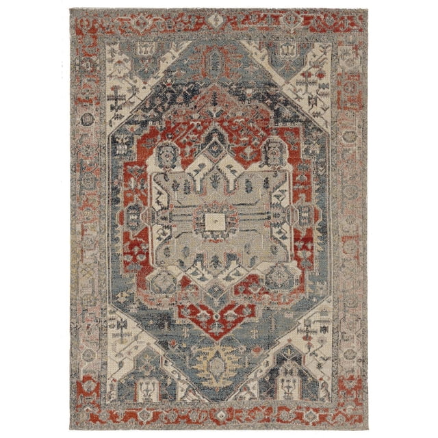 Great Zero Anlow Ivory & Blue 3' x 5' accent rug with a traditional geometric medallion pattern in muted jewel tones of ivory, blue, red, and beige, featuring a subtle distressed vintage effect and low flat pile texture, ideal for defining spaces in small rooms.