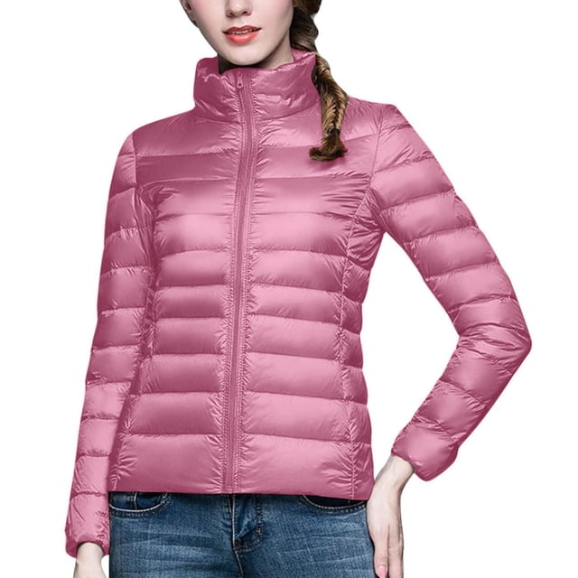 RKSTN Puffer Jacket Womens Long Sleeve Stand Collar Zip Up Winter Jacket Quilted Lightweight Down Jacket with Pockets