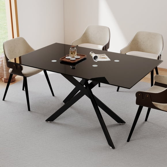 51.18" Rectangular Clear Tempered Glass Dining Table,Black