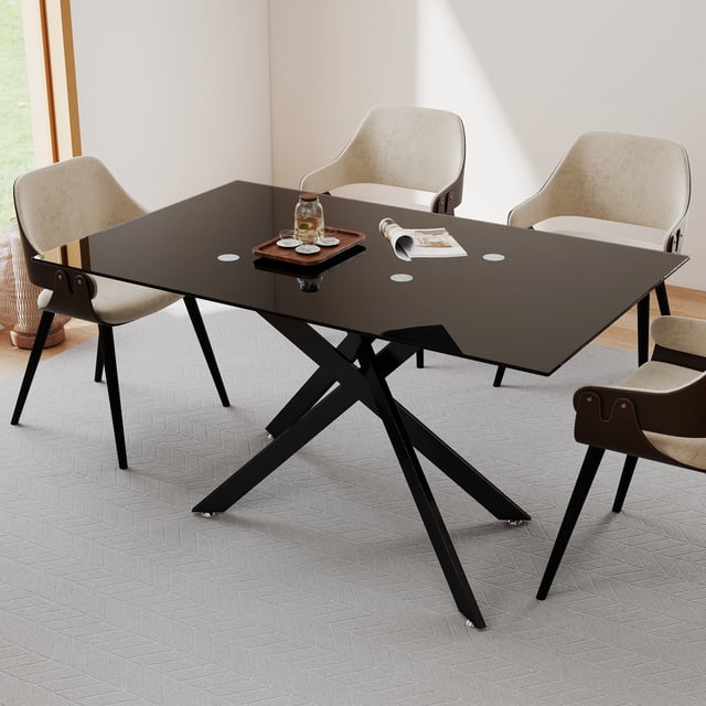 51.18" Rectangular Clear Tempered Glass Dining Table,Black