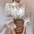 thumbnail image 2 of Femmes Debout Col Dentelle Patchwork Chemises Occasionnels Creux Fleur Pétale Manches Bouton Tops, 2 of 6