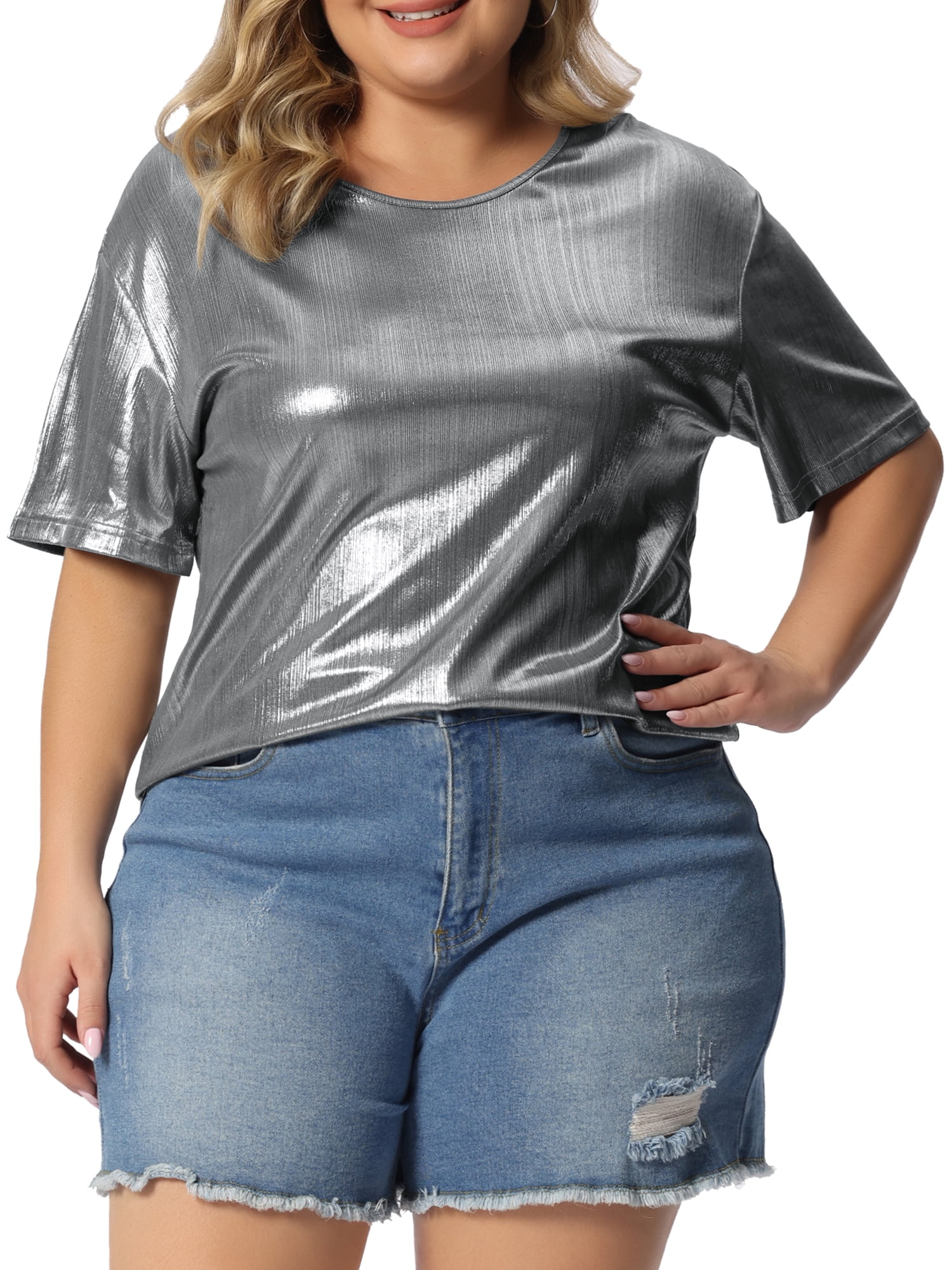 GRACE & GRANDEUR Haut Grande Taille pour Femmes Métallisé Col Rond Manches Courtes T-Shirt Chemisiers de Fête Tee Hauts