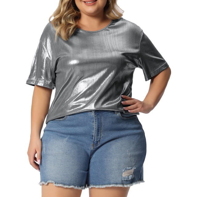 GRACE & GRANDEUR Haut Grande Taille pour Femmes Métallisé Col Rond Manches Courtes T-Shirt Chemisiers de Fête Tee Hauts