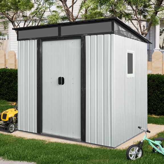 MMGW Outdoor Metal Storage Shed, 6 ft x 5 ft, with Window and Transparent Plate, Garden, Lawn, White, Black