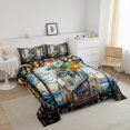 thumbnail image 3 of Western Dragon Kids Comforter Set Queen Size,Tale Castle Cloud Glass Dragon Bedding Set,Boys Girls Room Decor,Geometric Patchwork Natural View Down Comforter,Blue Retro Duvet Insert,2 Pillowcases, 3 of 7