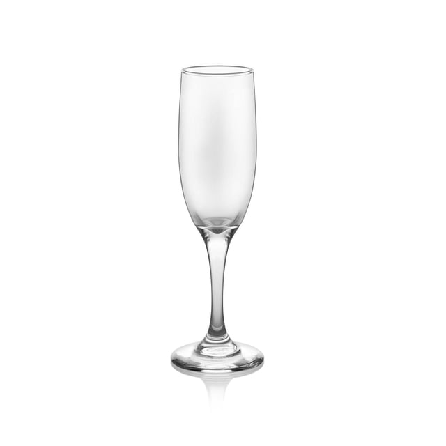 Flute Glass with a clear, slender bowl and stem, holding 6 oz, designed for Champagne, prosecco, and sparkling beverages, ideal for celebrations and brunches, also suitable for serving mimosas, shown on a white background.