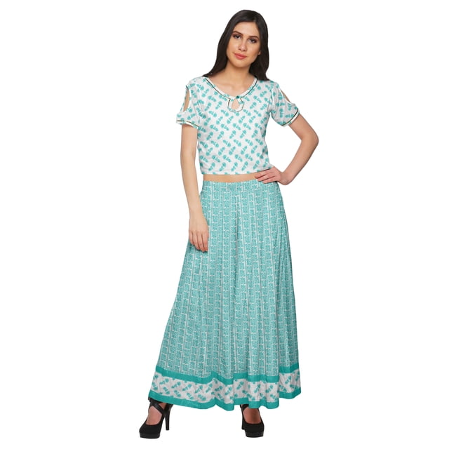 Moomaya Ensemble Ample Palazzo et Haut Court Robe Ethnique Imprimée Santoon pour Femmes