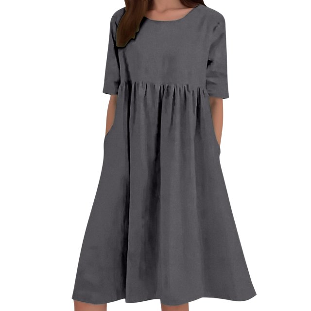 HXWCHs Robe Chandail pour Femme en Mélange de Lin, Robe Décontractée à Manches Courtes avec Poches Latérales GY2 TTTTG