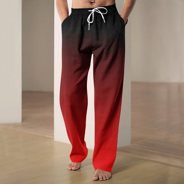 RXIRUCGD Men's Fashion Drawstring Elastic Waist Gradient Color Casual Length Pants, Wine, Size: 3XL