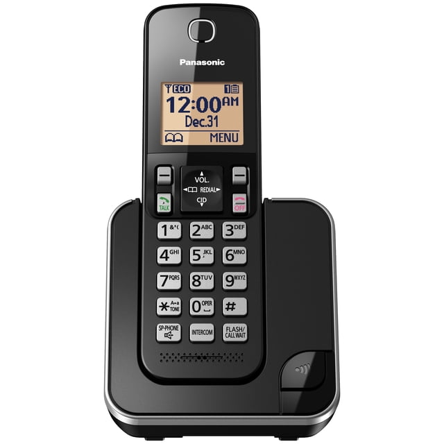 Panasonic DECT 6.0 Expandable Cordless Phone with Call Block - 1 Cordless Handset - KX-TGC380CB in black, front-facing view showing 1.6-inch amber backlit LCD screen displaying time and date, illuminated keypad with numeric and function buttons including talk, off, intercom, and call wait, resting on its black charging base with silver trim. Ideal for home or office use with call block and intercom features.