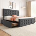 thumbnail image 1 of King Size Bed Frame with 4 Storage Drawers and Headboard, Linen Upholstered Platform Bed Frame with Wooden Slats Support, Button Tufted Design, No Box Spring Needed, Dark Grey, 1 of 9