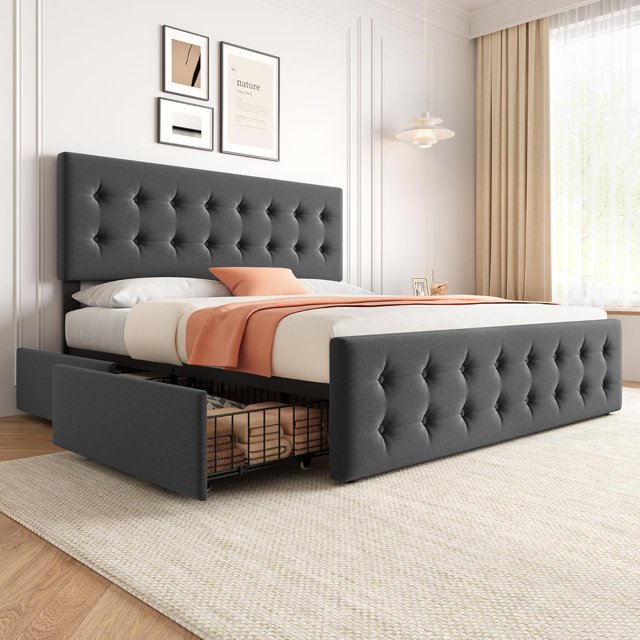 King Size Bed Frame with 4 Storage Drawers and Headboard, Linen Upholstered Platform Bed Frame with Wooden Slats Support, Button Tufted Design, No Box Spring Needed, Dark Grey