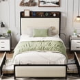 thumbnail image 1 of Yiwa Twin Size Bed Frame with 2 Storage Drawers and Charging Station, Rustic Linen Upholstered Platform Bedframe with Storage Headboard, No Box Spring Needed, Easy Assembly, Noise Free, 1 of 4