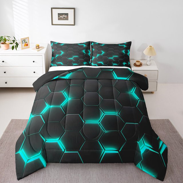 Ensembles de Douillette à Imprimé Nid d'Abeilles Sarcelle pour Garçons Filles, Literie Géométrie Format Simple, Ensembles de Douillette Ruche Géométrique Modernes Abstraits à Carreaux, Couette avec Insert Motif Hexagonal, Courtepointe 2 Pcs