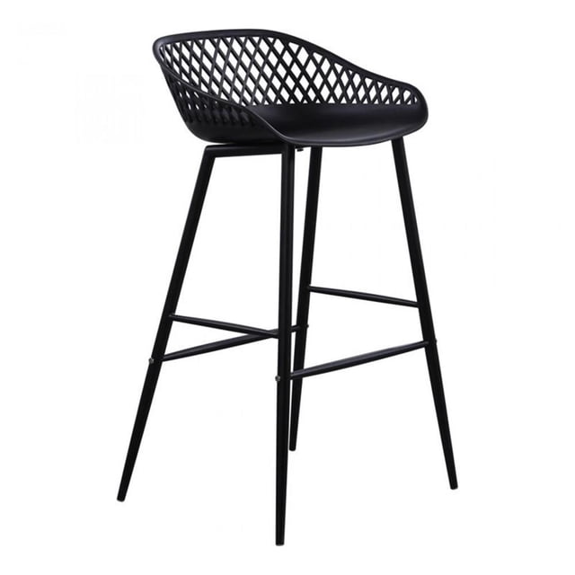 Moe's Home Piazza Contemporary Patio Bar Stool - Set of 2 in black, featuring a low-rise wicker-style backrest, durable polypropylene seat, and powder-coated metal legs with a footrest. Designed for outdoor use, each stool measures 19.29 inches wide, 19.68 inches deep, and 37.2 inches high. Assembly required.