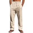 thumbnail image 1 of WRKEKC Casual Pants for Men Solid Color Spring Summer Thin Cotton Linen Look Leisure Straight Leg Tie Drawstring Trousers, 1 of 9