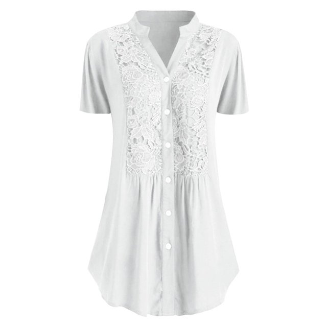 UPPADA Summer Plus Size Blouse for Women Short Sleeves V Neck Tops Solid Color Lace T Shirts Casual Button Tunic