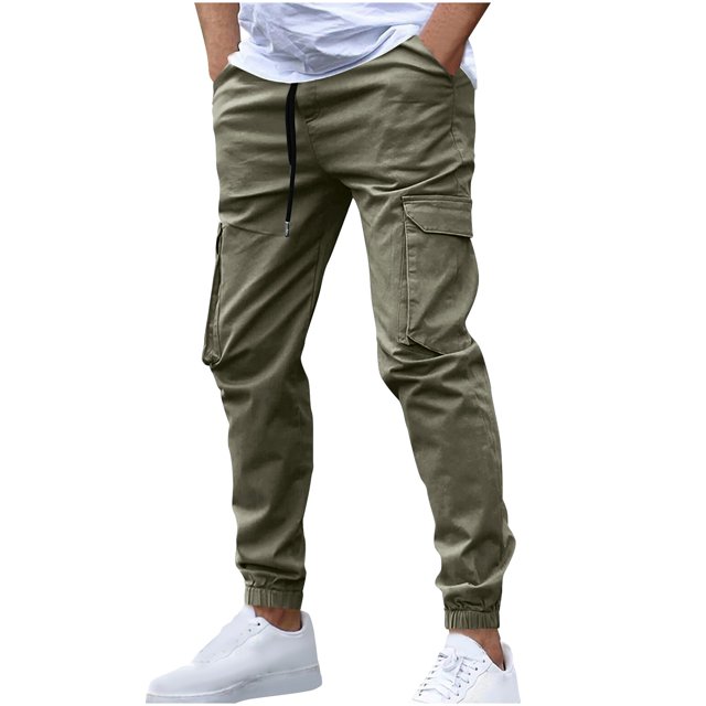 Dagugfen Cargo Pants for Men Elastic Waist Drawstring Outdoor Trainning Running Athletic Trousers Solid Color