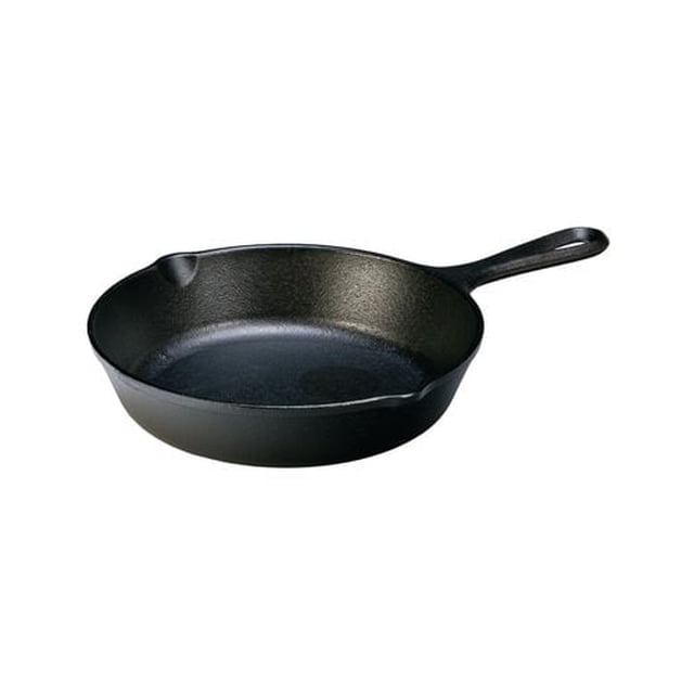 Lodge® Cast Iron Skillet, 8 inch, front-facing black cast iron skillet with a long handle and dual pouring spouts, featuring a naturally seasoned surface for even heating and versatile cooking in kitchenware cookware, suitable for searing, sautéing, baking, and grilling.