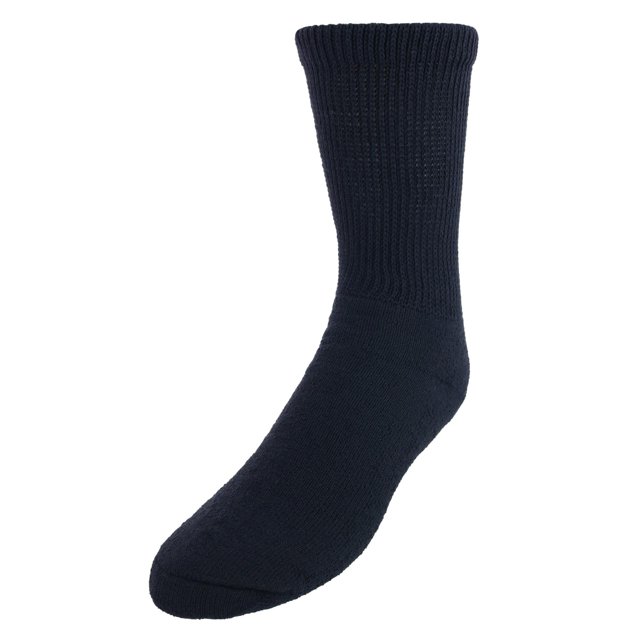 CTM® Diabetic Crew Socks for men in a dark solid color, designed for diabetes care with a loose fit, non-binding top, and flat, smooth toe seam for comfort. Made of 91% cotton, 7% polyester, and 2% rubber thread, these diabetic socks provide calf comfort and are suitable for individuals with diabetes or edema. Fits sock sizes 10-13 and shoe sizes 8-12.5.