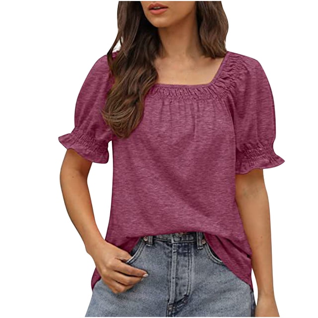 Hauts Blouses Décontractés pour Femmes à Couleur Unie, à Encolure Carrée, à Manches Courtes
