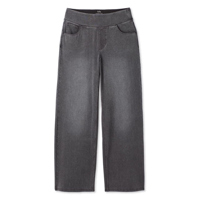 Iyla Women's Knit Denim Pant in charcoal grey with a wide elasticized waistband, faux fly, 5-pocket design, and wide legs offering a relaxed fit at the waist, made from soft jersey knit fabric ideal for casual everyday wear.