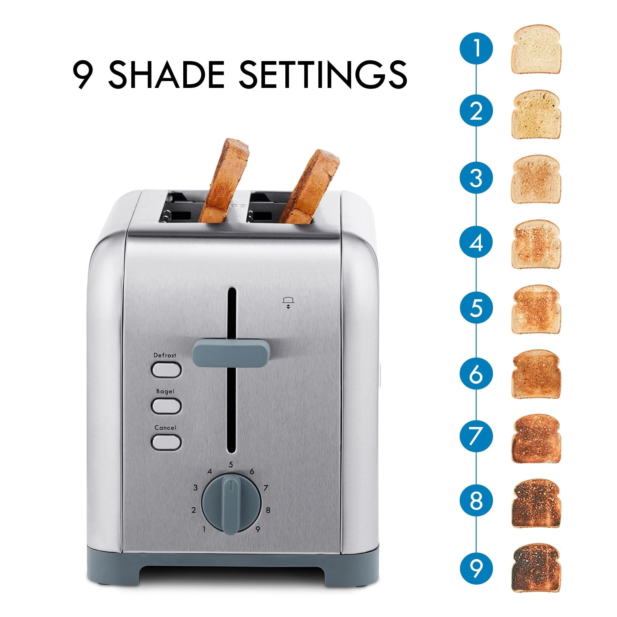 Kenmore Grille-pain 2 tranches en acier inoxydable, argent et gris, fentes extra larges, fonctions bagel et décongélation