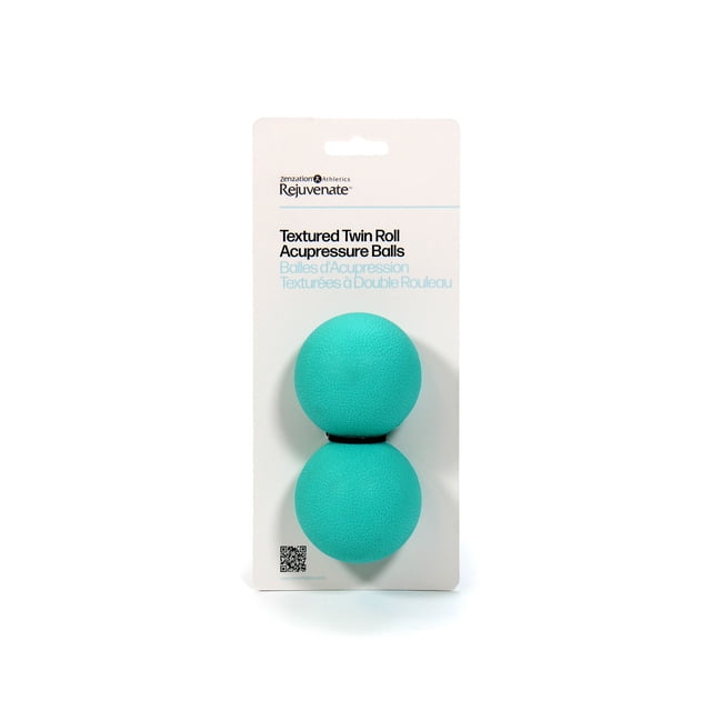 Zenzation Balle d'Acupression Texturée à Double Rouleau en Menthe, Montrant Deux Balles de massage Texturées Connectées sur Emballage de Vente au Détail Blanc avec Texte Bilingue, Conçue pour la Récupération après Mise en Forme et le Soulagement de la tension Musculaire Grâce à une Thérapie Ciblée des Points Gâchettes.